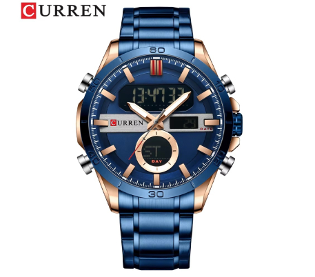 Curren Montre numérique à quartz en acier inoxydable Bleu pour homme