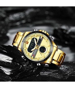 Curren Montre numérique à quartz en acier inoxydable doré pour homme