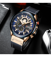 Curren Montre-bracelet de sport , chronographe, militaire, luxe, bleu, cuir véritable