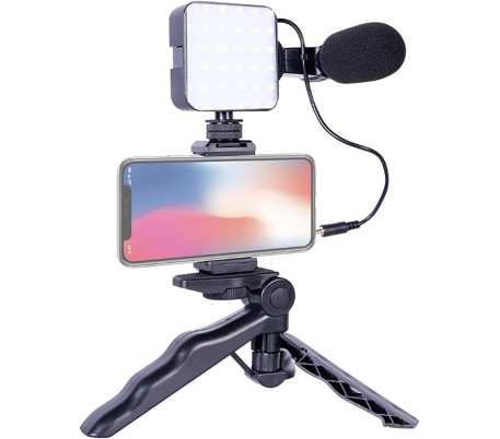 kit vidéo avec trépied, support de téléphone, microphone, lumière LED pour Podcast