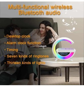 Veilleuse d’ambiance avec chargement de téléphone sans fil, effets de haut-parleur Bluetooth, réveil,