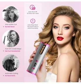 Boucleur a Cheveux Automatique, Fer à Friser Sans Fil, Bigoudi Anti-Brûlures Fer à Boucler, 6 Température et Minuterie