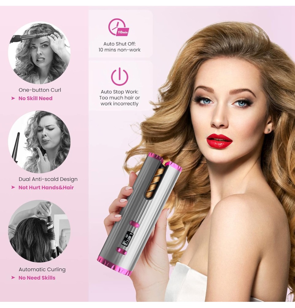 Boucleur a Cheveux Automatique, Fer à Friser Sans Fil, Bigoudi Anti-Brûlures Fer à Boucler, 6 Température et Minuterie Boucleur a Cheveux Automatique, Fer à Friser Sans Fil, Bigoudi Anti-Brûlures Fer à Boucler, 6 Température et Minuterie