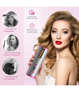 Boucleur a Cheveux Automatique, Fer à Friser Sans Fil, Bigoudi Anti-Brûlures Fer à Boucler, 6 Température et Minuterie
