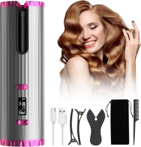 Boucleur a Cheveux Automatique, Fer à Friser Sans Fil, Bigoudi Anti-Brûlures Fer à Boucler, 6 Température et Minuterie