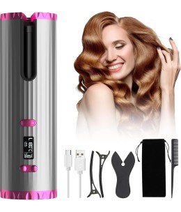 Boucleur a Cheveux Automatique, Fer à Friser Sans Fil, Bigoudi Anti-Brûlures Fer à Boucler, 6 Température et Minuterie